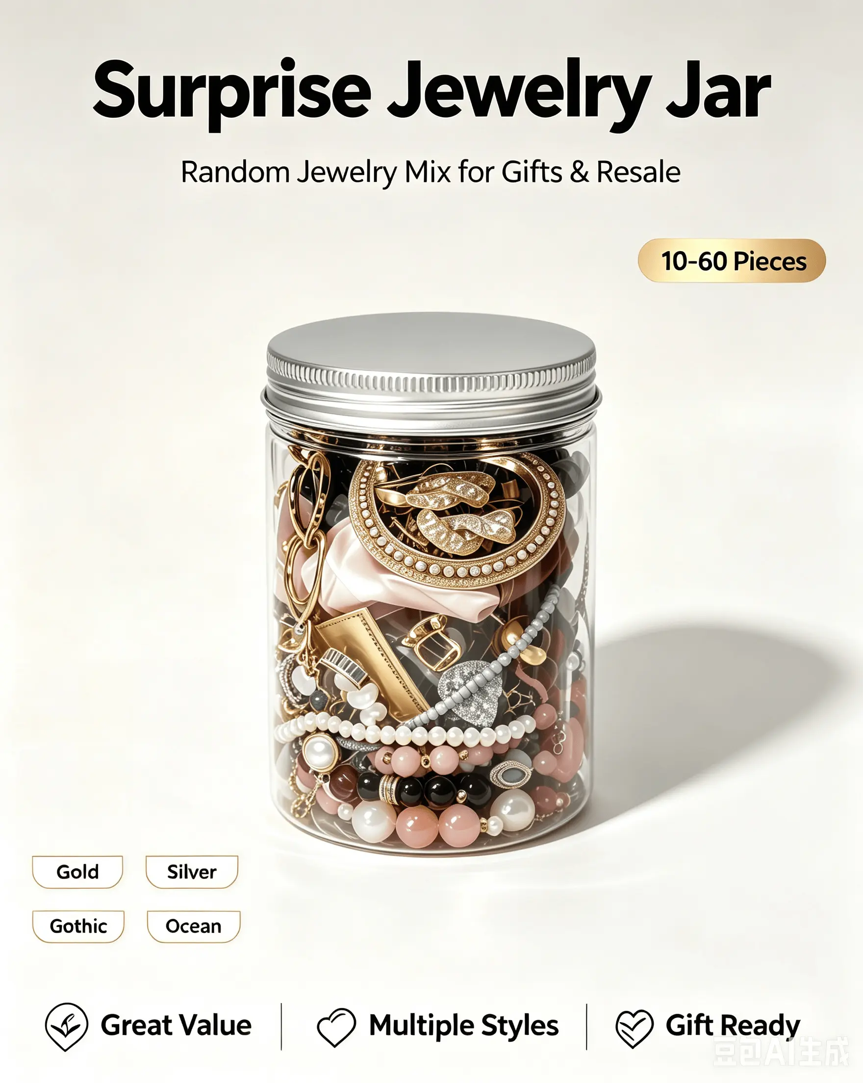 Surprise Jewelry Jar Random Mix, Gold/Silver/Gothic/Ocean Style Bulk Jewelry Set, 10-60Pcs Assorted Necklaces Rings Earrings Bracelets, Mystery Jewelry Pack Perfect For Daily Wear Gift Resale, Cute Fashion Women Costume Jewelry