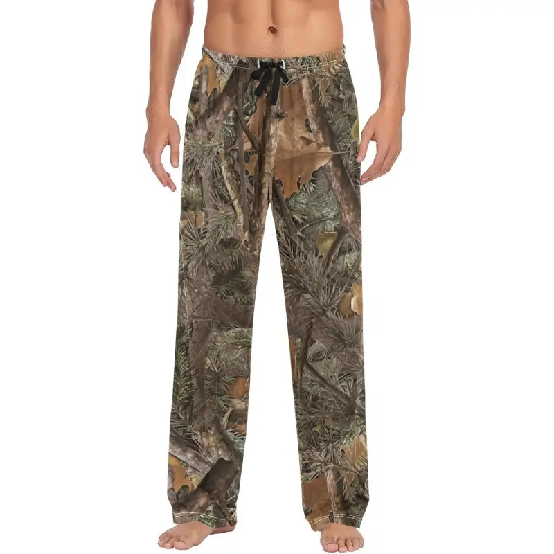 Men's Cotton Pajama Pants Soft Comfy Sleep & Lounge Pants Forest Camo Pjs Bottoms with Pockets