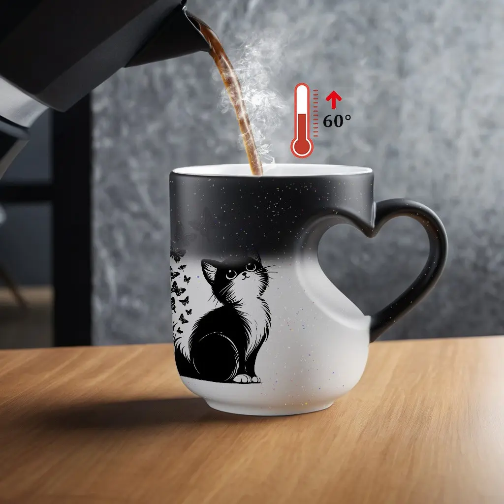 1pc Magical Color Changing Mug with Heart-Shaped Handle, Cute Black Cat & Butterfly Design Ceramic Coffee Cup, Cute Coffee Cups, 11oz Heart Design, Perfect for Romantic Birthdays, Valentine'S Day Gifts
