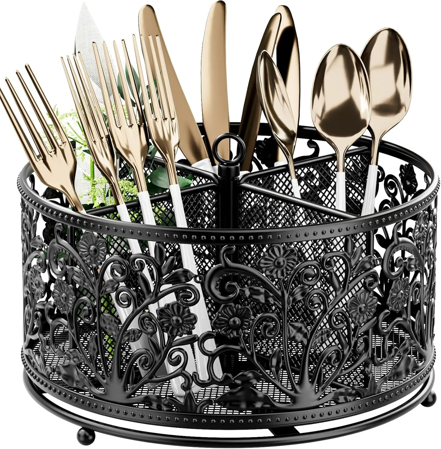 360 Rotating Utensil  - Silverware Cutlery  Holder with 4 Compartment, Metal Flatware Organizer Countertop with Handle for Party Camping Picnic, Kitchen Counter, Office (Black)