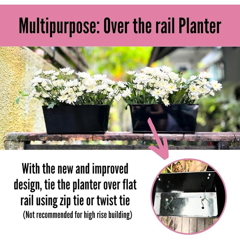 LaLaGreen Rail Planters (6 Pack, 14 Inch) Black Metal Rectangle Strawberry Window Boxes Outdoor Balcony Deck Railing Fence Hanging Flower Herb Pot with Detachable Hook Patio Porch Farmhouse Minimalist