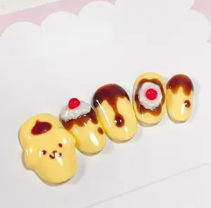 Po-Pompompurin-rin Pancake Press On Nails | Handmade 3D Kawaii Dessert Nails | Yellow Puppy Nail Art | Chocolate Drip Luxury Almond Press-On Nails with Gift Set (Adhesive Tabs, Nail File, Cuticle Stick)