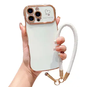 New Product Compatible with iPhone 17 Pro Max Phone Case Electroplated Wave Double Heart Large Window Phone Cover 16/15/14/13 Hand Strap Soft Case Anti-drop Shockproof Smartphone Protective Case