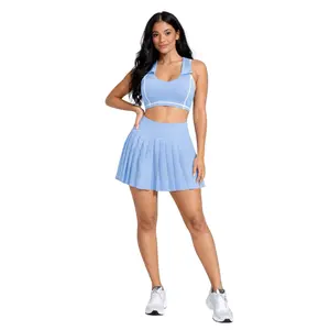 Pleated Active Tennis Skirt Set – Collared Sports Bra & Built-In Shorts