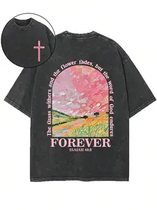 Timeless Landscape Double-Sided Washed T-Shirt | 230gsm Premium Wax Print Cotton, Retro Fashion Brand Men's Tee, Beach Essential & Perfect Holiday Gift for Summer