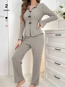 2026 Women's Bow Decor Long Sleeve Top & Pants Pajama Two-piece Set, Casual Comfy Top & Trousers Set, Women's Sleepwear for Spring & Fall