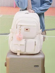 Women's Fashionable Patched Design Backpack, 2025 New Style Casual Large Capacity Travel Backpack with Pom Pom Charm, Versatile Trendy Backpack for School & Travel Use