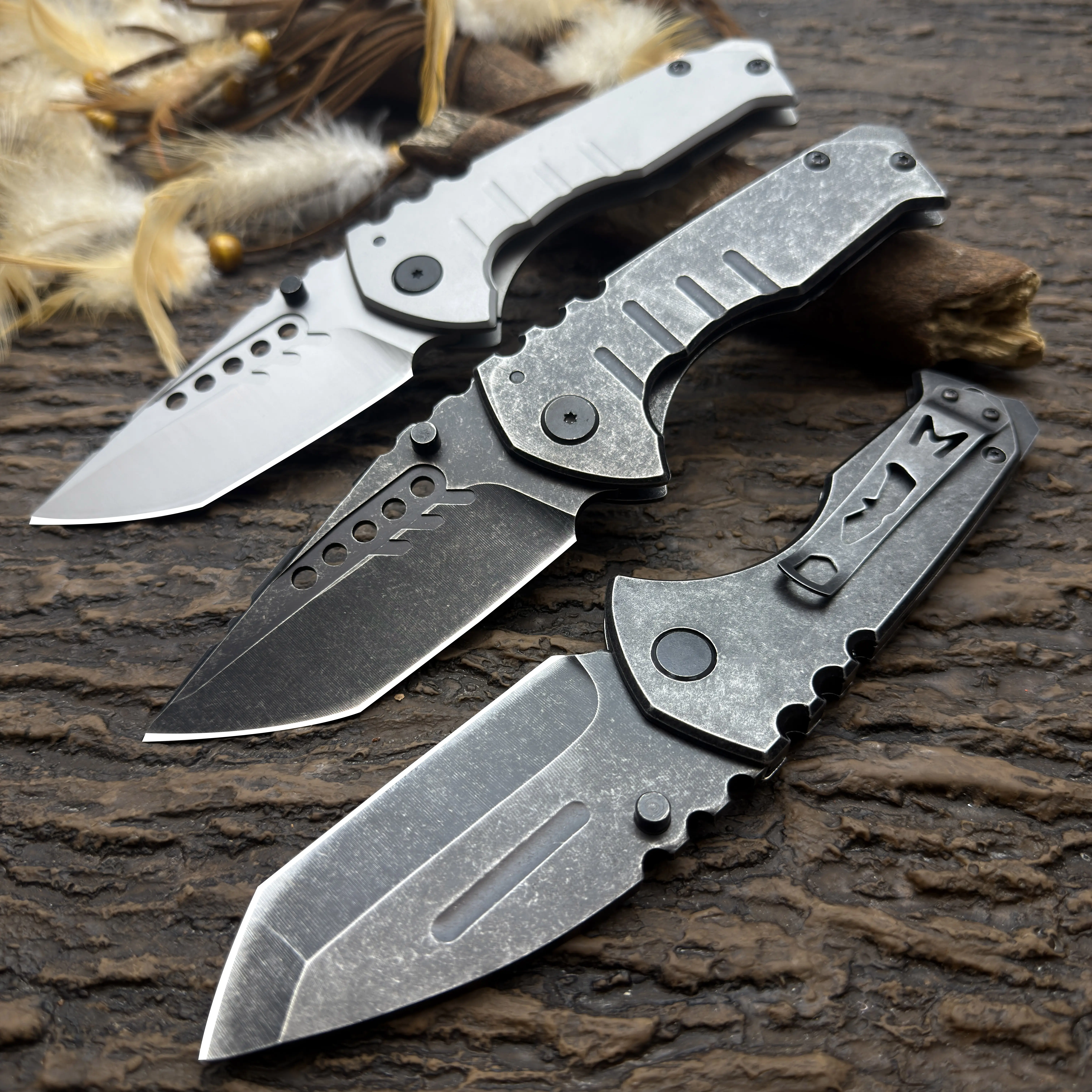 2-Piece Portable Foldable Multi-Use Stainless Steel Kitchen Knife Set, Camping Utensils & Stainless Steel Tool, Non-Slip Handle, Stonewashed Blade, Ideal for Home Food Prep & Camping