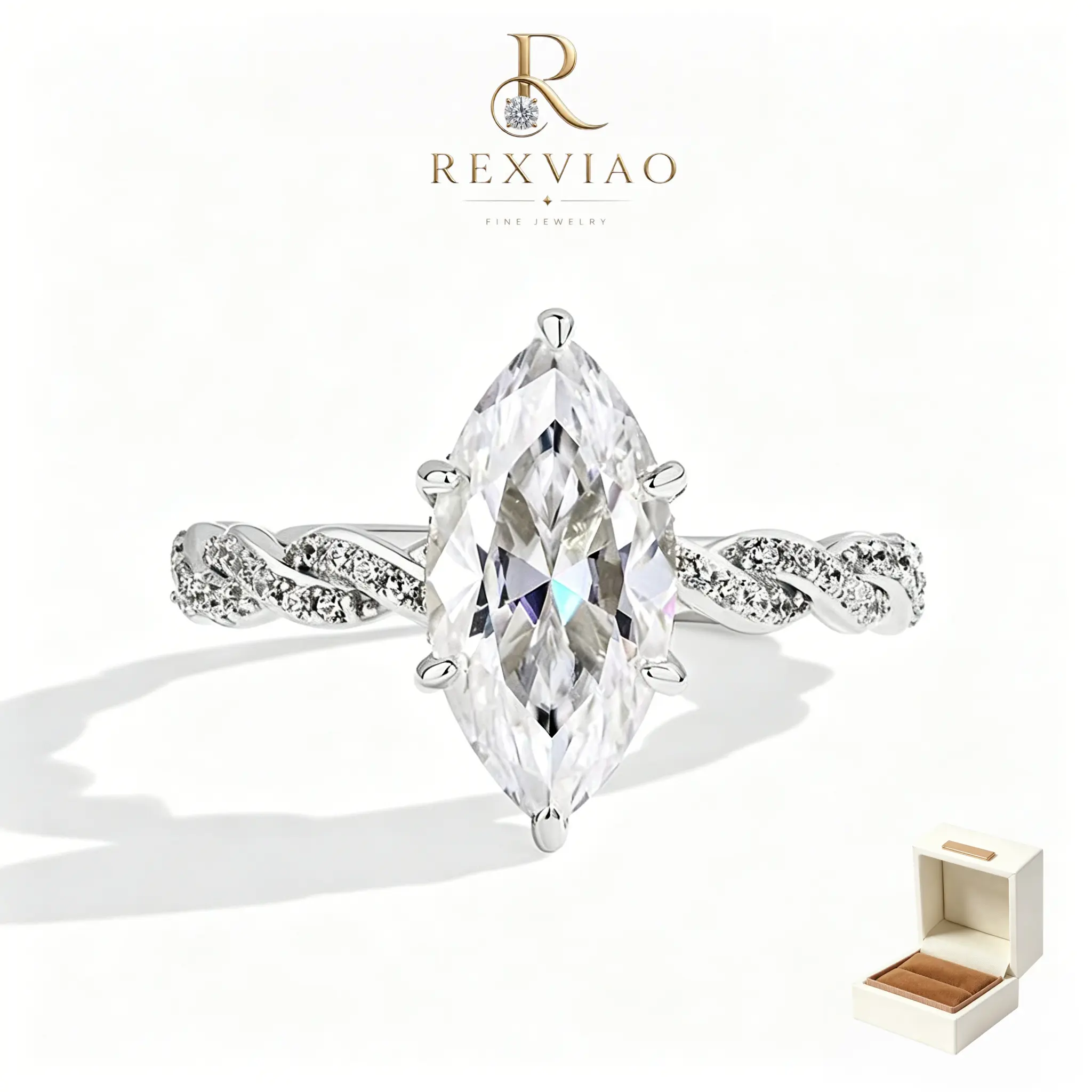 Rexviao Women's Beautiful CZ Bridal Set Rings - Marquise-Cut 5A D-Color VVS1 Cubic Zirconia, Twisted Band Marquise Engagement Ring, for Wedding Anniversary, Ships in Exquisite Gift Box, Sizes 5-10