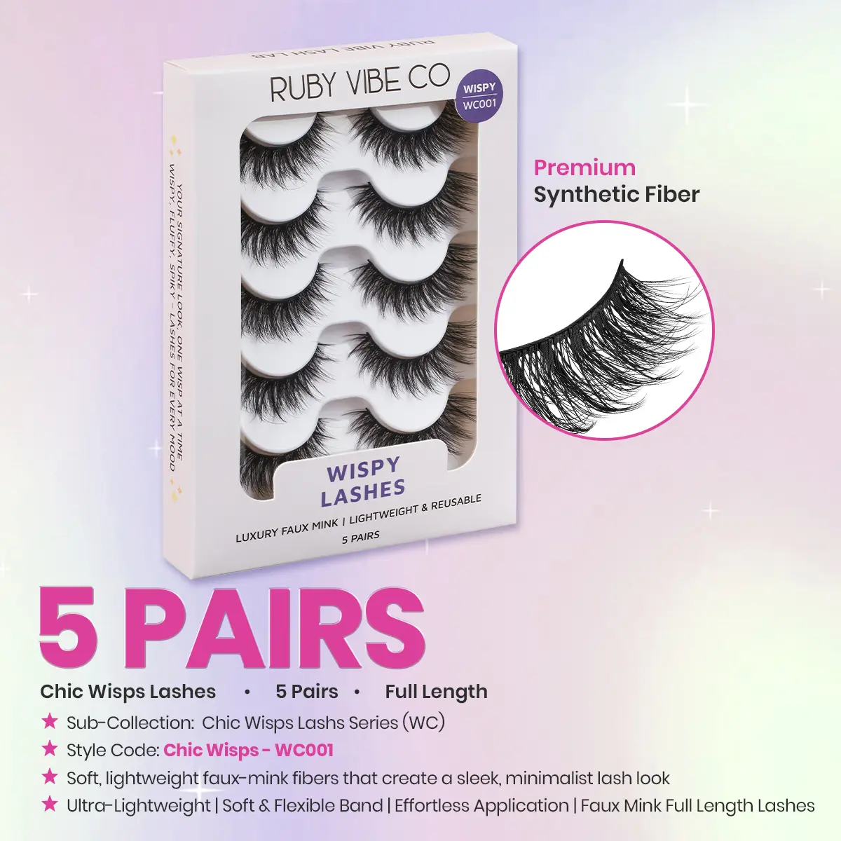 [RUBY VIBE CO] Chic Wisps WC001 Faux Mink Wispy Lashes Ultra Lightweight Soft Flexible Band Effortless Application 5 Pairs Full Length