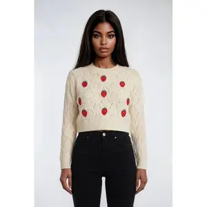 Forever 21 Embroidered Strawberry Cropped Pointelle Sweater