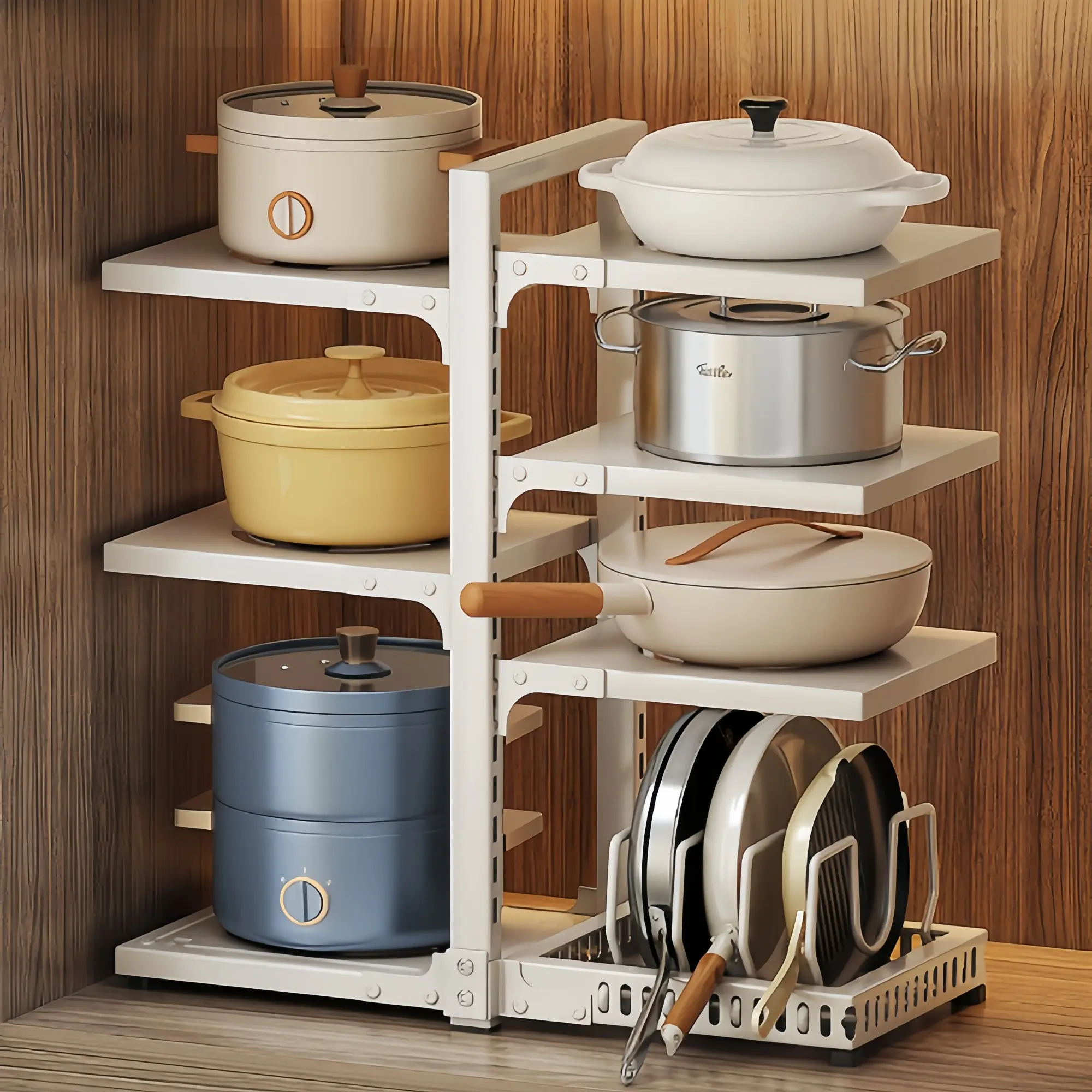 Multi-Layer Kitchen Pot and Pan Storage Rack, Freely Adjustable Size, Vertical/Horizontal Layout Design, Rustproof Carbon Steel Shelf for All Sizes Pots, Pans, Dutch Ovens, Ideal for Small Kitchen organizer Cabinets, sturdy metal,pot lid,large dish rack