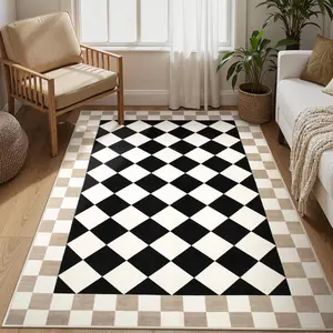 Retro Bohemian Style Anti-Slip Soft Machine Washable Rug, Checkered Rug, Geometric Pattern Rug, Foldable Living Room Mat for Home Decor, Sofa Coffee Table Bedside Kitchen Study Entrance, Bohemian Style Rugs