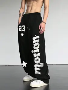 Men's Casual Sporty Long Pants, Letter & Star Print Drawstring Wide Leg Joggers, All Season Loose Fit Men's Clothing