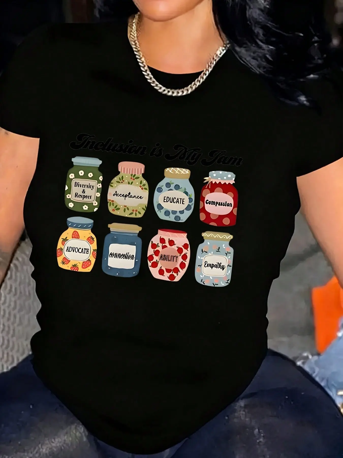 100% pure cotton Inclusion Is My Jam Print Featuring Jar Labels Of Diversity, Acceptance, Unity & Community – Perfect For Everyday Wear, Casual Outings, And Social Events – Fast Arrival printed t-shirts for women