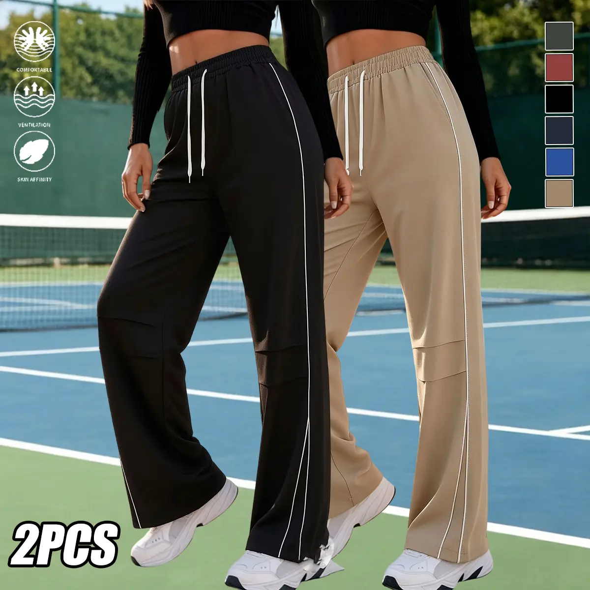 Women's 2-Pack Wide-Leg Elastic Waist Sportswear Pants - Polyester, Quick-Dry, Moisture-Wicking, Breathable, Anti-Shrink, Pilling-Resistant, Side White Stripe, Lightweight, All-Seasons Athletic Outdoor Wear, Sporty Chic, Wide-Leg Pants
