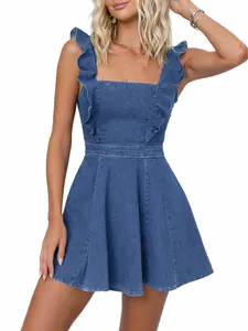 utcoco Denim Dress for Women Ruffle Adjustable Strap Sleeveless Backless Babydoll Mini Jean Dresses