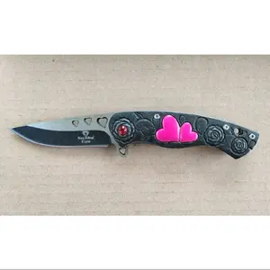 Stylish Spring Assist Folding Knife Stonewash Gray Metal Handle Love Theme Simulated Jewel Custom Pocket Clip