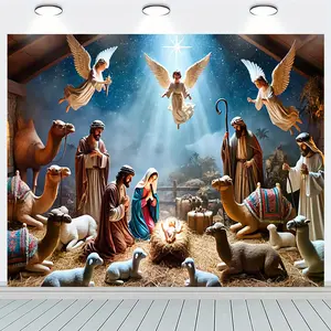 Nativity Scene Tapestry Christmas Backdrop Religious Theme Wall Hanging Photography Background Angel Mary Baby Jesus Design for Church Event Indoor Outdoor Decoration Polyester