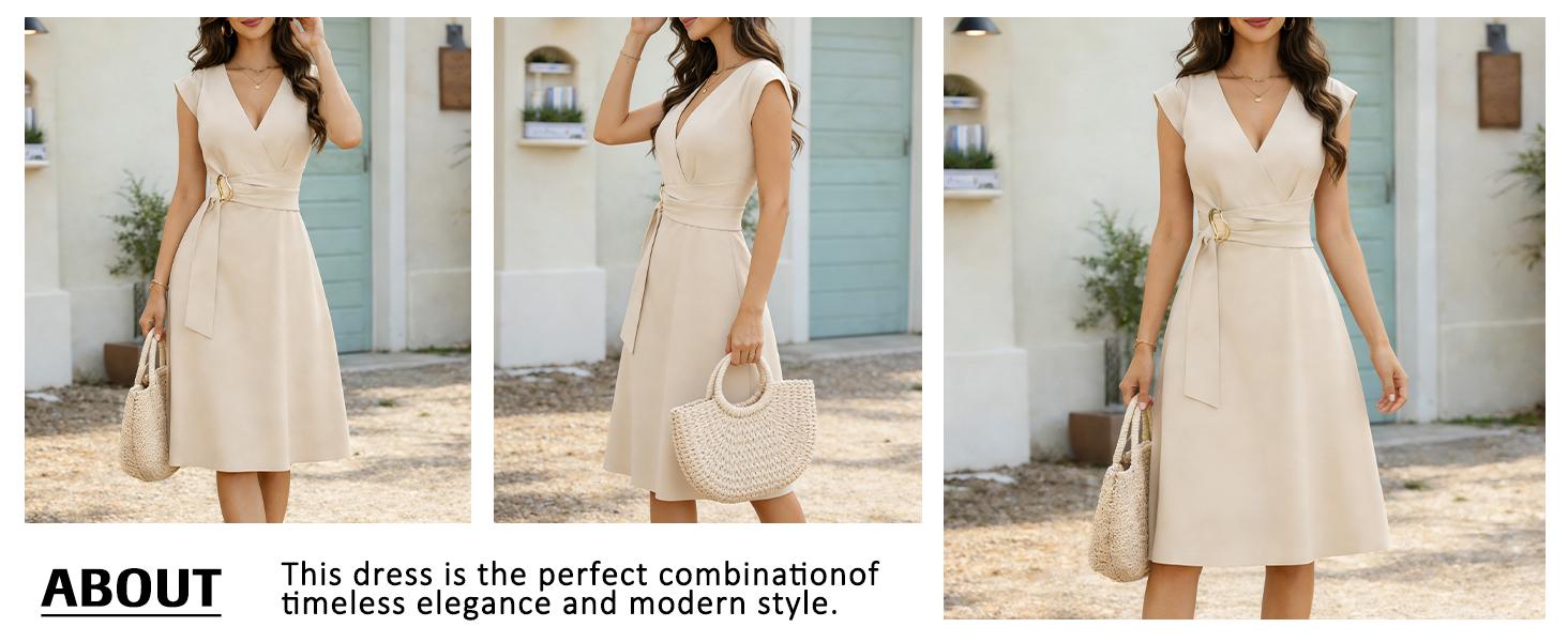ETCYY Elegant V-Neck Belted Midi Dress – Slim Fit Business Casual Women’s Dress, Soft Rayon Blend A-Line Sundress, Graduation Dress, Wedding Guest Dress, Vacation Dress, Summer Womens Dresses for Work or Party