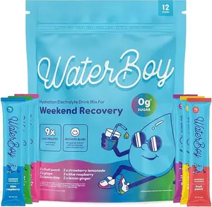 WaterBoy Weekend Recovery Sample Pack 3,200mg Electrolyte Powder Packets All Natural 12 Drink Stick Mixes Sugar-Free Gluten-Free Vegan Friendly