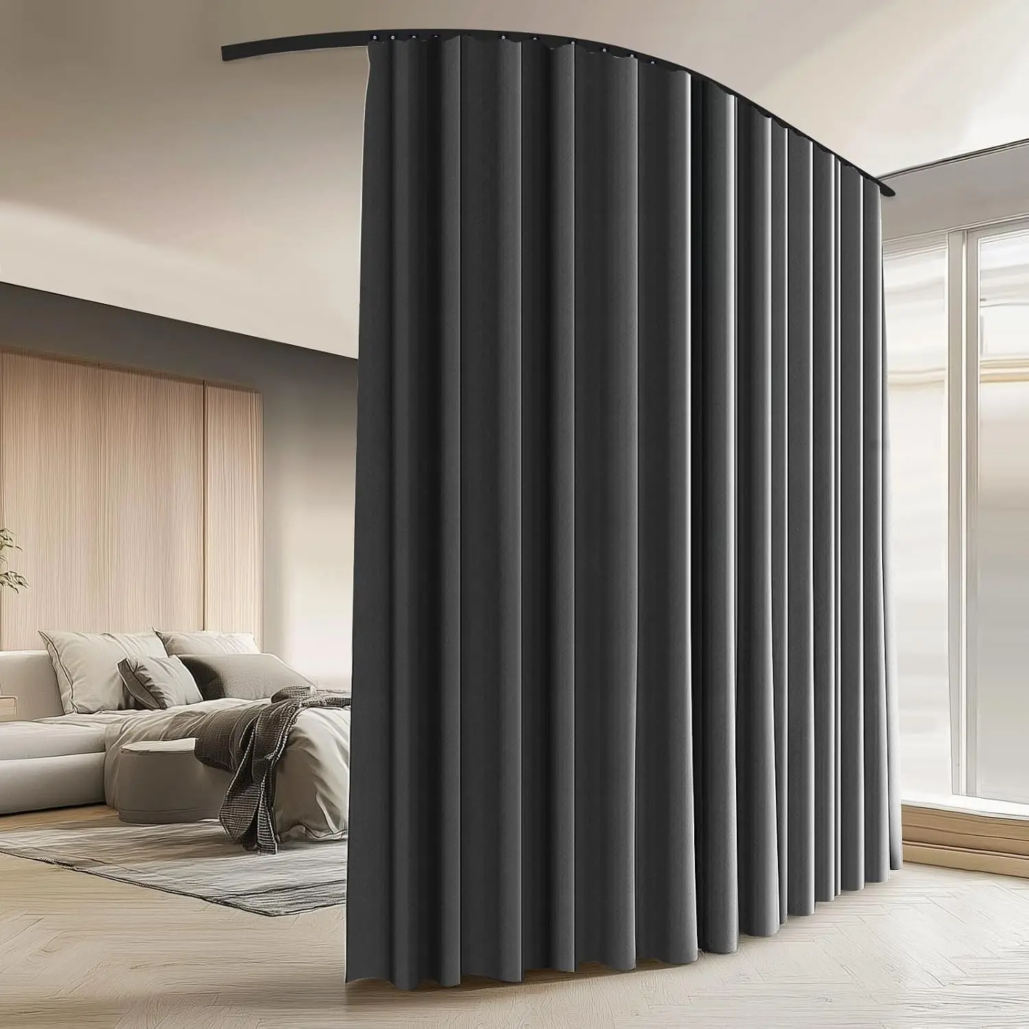 Room Divider Curtains with Ceiling Curtain Track Set Window Curtain for Bedroom,Living Room Total Blackout Thermal Insulated Privacy Ceiling Track Curtain W 6 × H 6 FT Grey drape&Black track