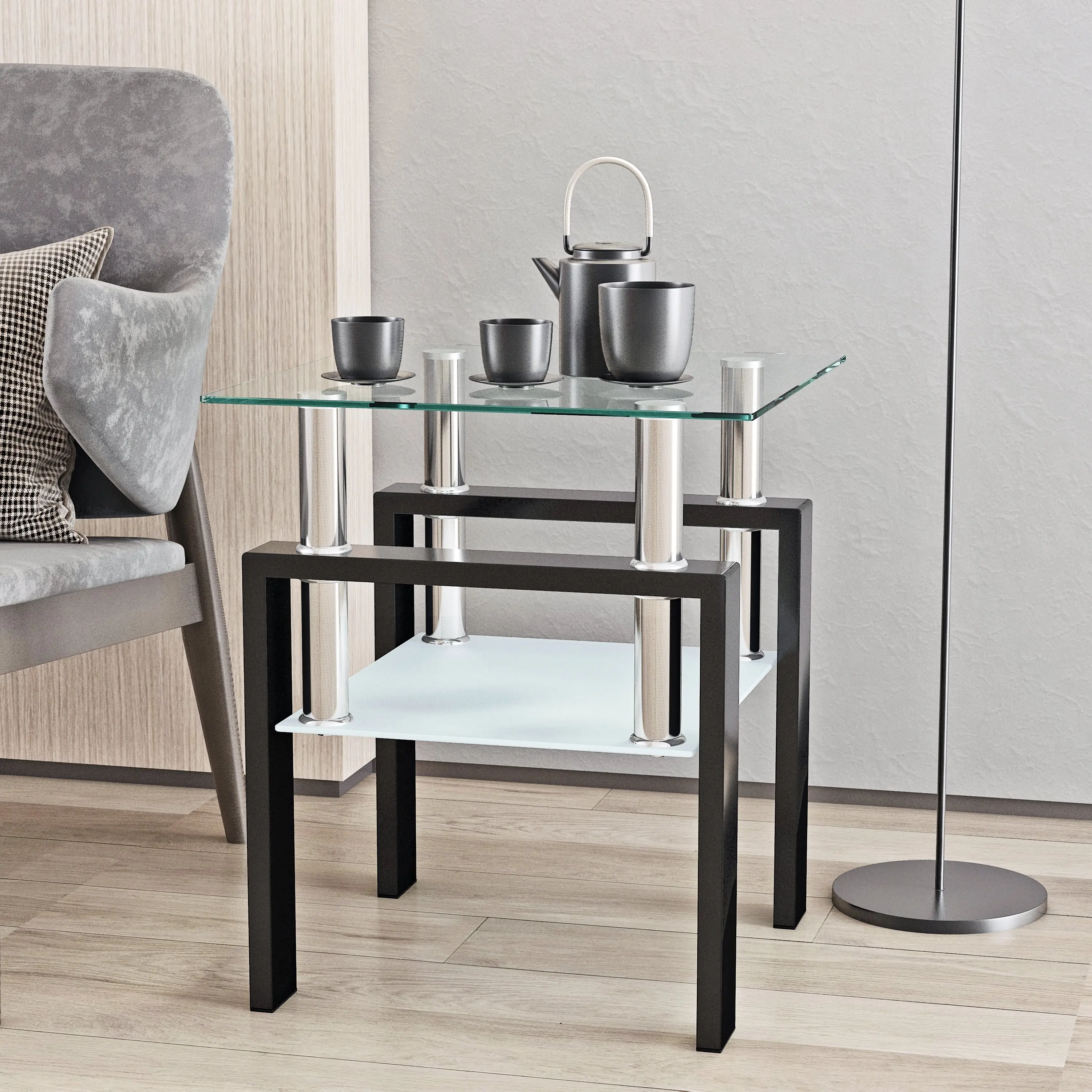 Modern Tempered Glass End Table, Square Coffee Table for Living Room, Glass Tea Table, Sofa Side Table