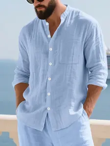 Men's Linen Long Sleeve Shirt Spring Summer Boho Vacation Style Breathable Skin-Friendly Chest Pocket Beach Resort Casual Wear