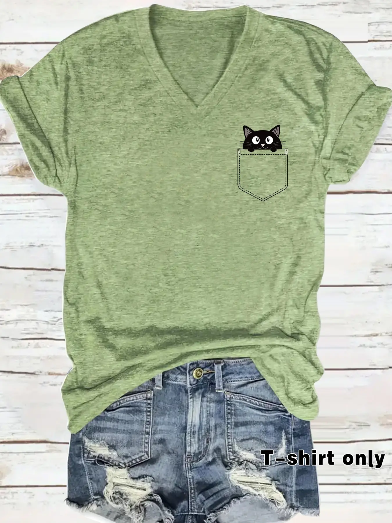 Spring Summer Cartoon Cat Print V-Neck Pocket T-Shirt, Fashionable Comfortable Breathable Everyday Casual Fit Tee, Daily Wear, Trendy Graphic Women's T-Shirt, Top, Womenswear