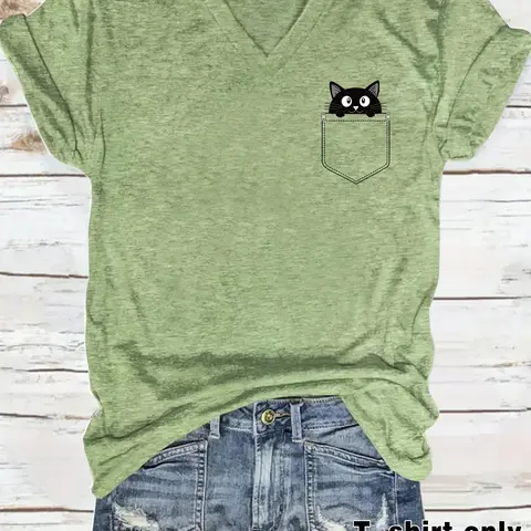 Spring Summer Cartoon Cat Print V-Neck Pocket T-Shirt, Fashionable Comfortable Breathable Everyday Casual Fit Tee, Daily Wear, Casual Everyday Tops, Trendy Graphic Women's T-Shirt, Top, Womenswear