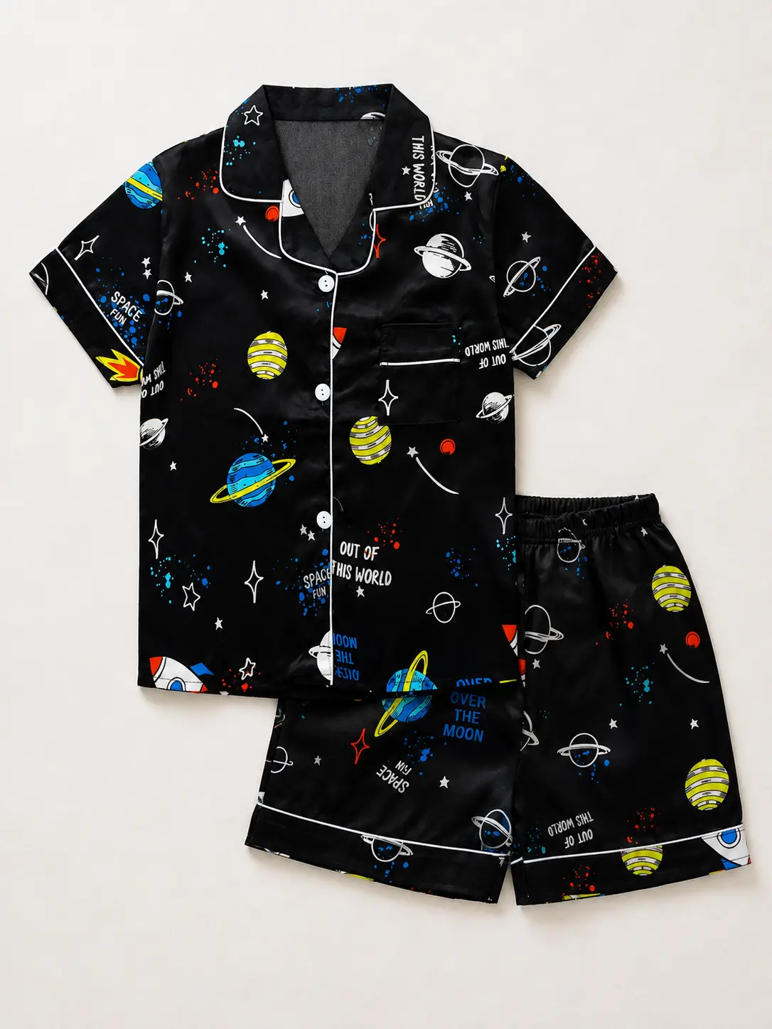 Boys Satin Pajama Set, Space Planet Print Short Sleeve Button Down Shirt & Shorts Sleepwear, Soft Kids PJs for Ages 5-14