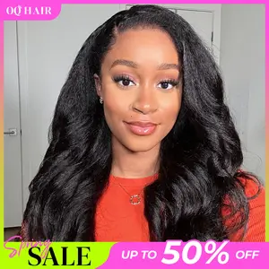 OQ HAIR Kinky Straight Half Wig Yaki Straight Wavy Easy Wear Go Wig No Glue With Drawstring Invisible Hairline Butterfly Cut Human Hair Glueless Wigs