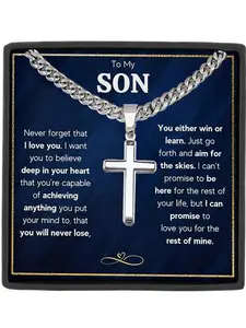 To My Son Cuban Chain Cross Pendant Necklace, Includes Card & Box, Perfect for Birthday Christmas Gifts
