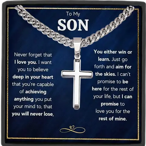 To My Son Cuban Chain Cross Pendant Necklace, Stainless Steel Jewelry, Includes Card & Box, Perfect for Birthday Christmas Gifts