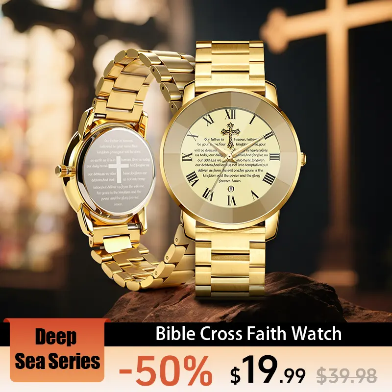 【Holiday Haul】Men's and Women’s Watch with Bible Verse and Cross Design, Waterproof Stainless Steel Band, Business Casual Style, Gold Sapphire Crystal, Perfect Gift for Birthdays, Christmas, and Halloween Quartz Chronograph Rhinestone