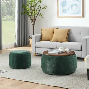Round Upholstered Storage-Ottoman Set with Wood Tray, Large Storage Coffee Table w/Footstool & Removable Lid, Dia 25" Padded Bench & End Side-Table for Living Bedroom, Green