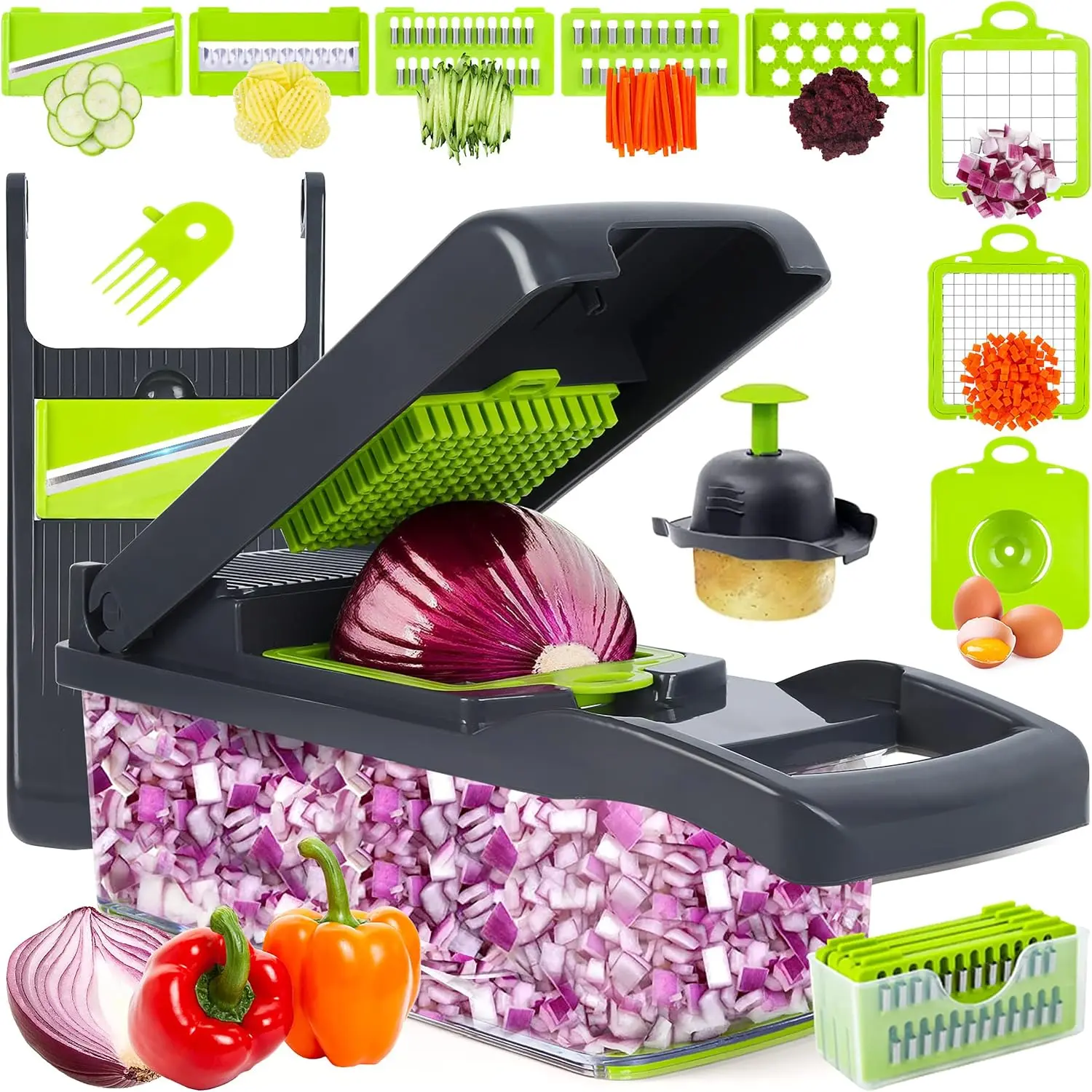 Green Vegetable Chopper Mandoline Slicer,Veggie Chopper, Multifunctional 16 in 1 Food Choppers, Kitchen Vegetable Slicer Dicer Cutter,Onion Mincer,Cheese,Colander Basket,Kitchen Gadgets