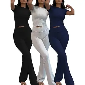 Women's Solid Loungewear Set, CasualShort Sleeve Crop Top & High WaistFlared Leg Pants, Ladies SleepwearPajamas for All Seasons, Back-to-school Clothing,Pajamas Set,Summe! Sets, Summer Wear 2025,HomewearBlack Girl Wear Womenswear Pjs