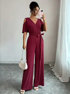 Elegant Off-Shoulder V Neck Wide Leg Solid Color Jumpsuit, Tie Waist Slimming Design, Women's Commuter Date, Lightly Refined Style