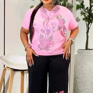 Women's 2-Piece Set Top and Pants Trousers with Sequin Floral Design and V-Neckline