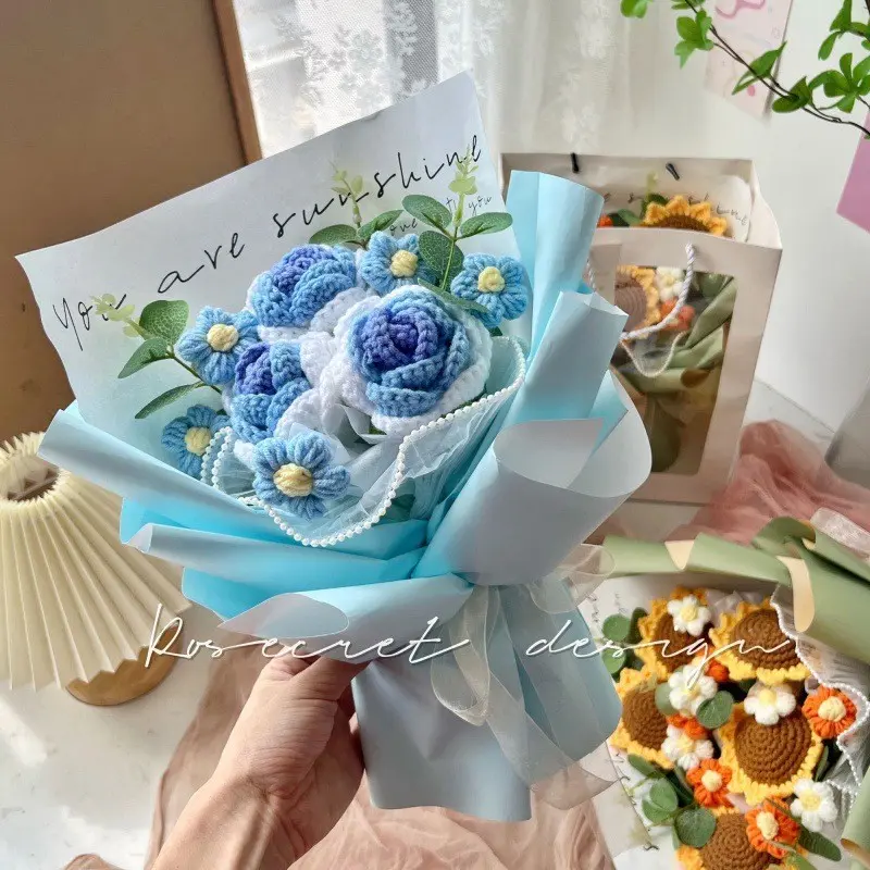 Pink & Blue Artificial Flowers, Faux Flower Decorations, Faux Floral Decor, Crochet Flower Bouquet - Inspirational Message, Ideal for Mother's Day, Valentine's, Weddings & Home Decor, Crochet Accessories