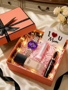 6-piece set of women's round dial simple unique charm fashionable gentle elegant style Mother's Day gift giving liquid foundation lipstick eye black lamp with greeting card combination quartz watch set