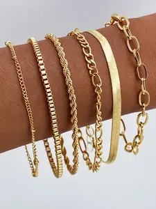 Luxury Bracelet Set, 6 Pieces Mixed Chains, Alloy Material, Perfect for Daily Wear and Parties, Creative Multi-Layer Braided Box Chain Snake Bone Bracelets