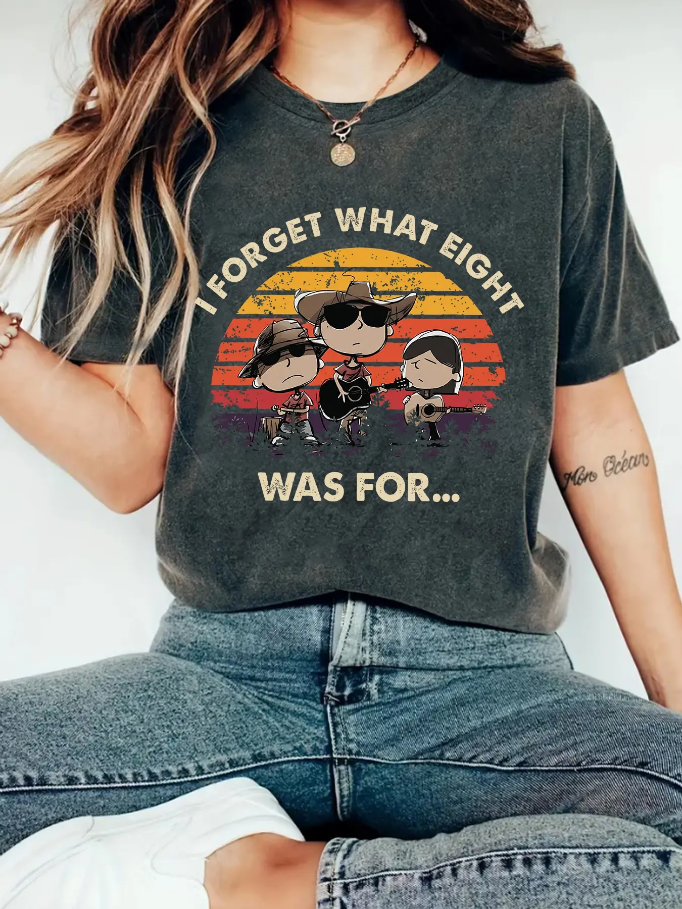 Funny Sunset Country Music Print Graphic T-Shirt, Vintage Style Casual Shirt, Cartoon Pattern Short Sleeve, Summer Fitted Round Neck Breathable Top for Women
