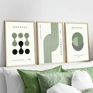 3pcs Green Bauhaus Abstract Geometry Frameless Canvas Mural Bauhaus Exhibition Modern Poster Bedroom Living Room Home Decoration