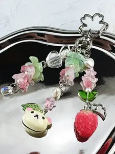 Cute Japanese Style Bear Bell Keychain, Student Strawberry Backpack Charm, Best Friend Gift, Small Bear Ornament, Keychain For Bags
