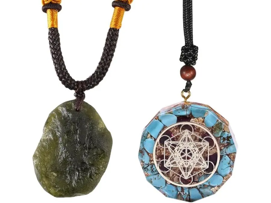 Moldavite Czech Meteorite Raw Rough  Necklace and Orgone Merkaba Metatron Cube Pendant Necklace(Set of 2)