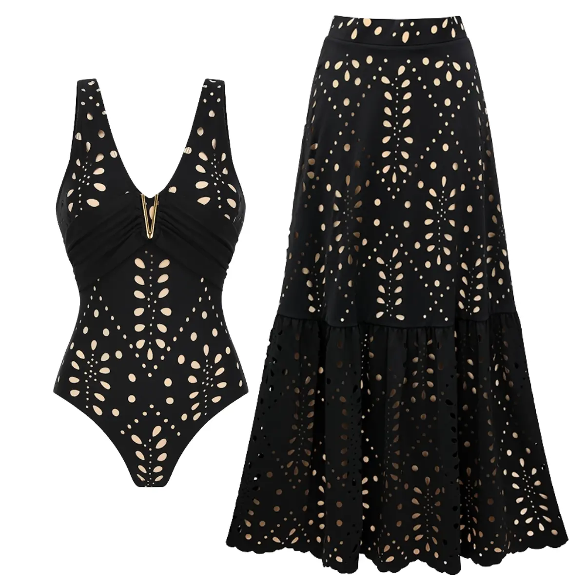 FLAXMAKER Women's V Neck Black Laser Cut One Piece Swimsuit and Matching Maxi Skirt Set Swimdress Beachwear Bathing Suit#Summervibes #SwimWeek tiktokshopbacktoschool
