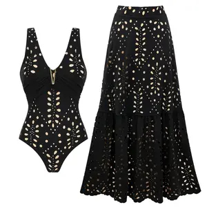 FLAXMAKER Women's V Neck Black Laser Cutting Flower One Piece Swimsuit and Matching Skirt Set Swimdress Beachwear Bathing Suit#Summervibes outdoorfun