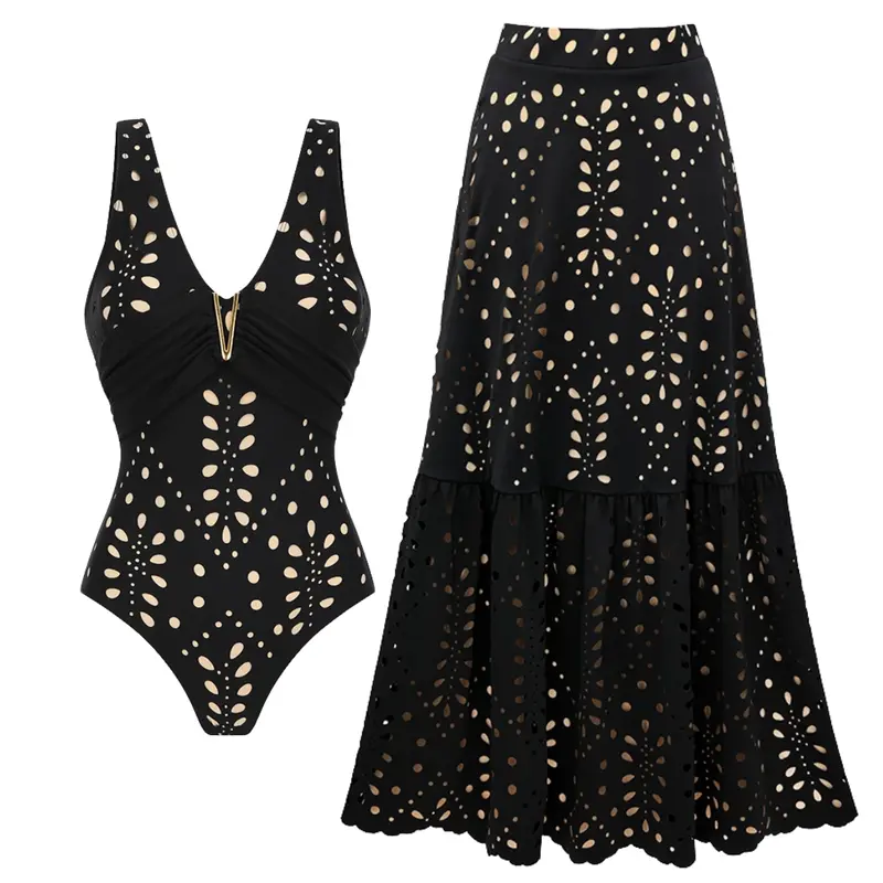 FLAXMAKER Women's V Neck Black Laser Cut One Piece Swimsuit and Matching Maxi Skirt Set Swimdress Beachwear Bathing Suit#Summervibes #SwimWeek
